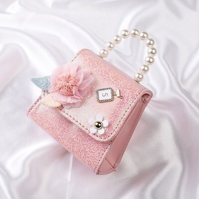 Mini bolso de mano de cuero con perlas para niñas, bandolera pequeña de princesa, monedero pequeño, ,: PINK