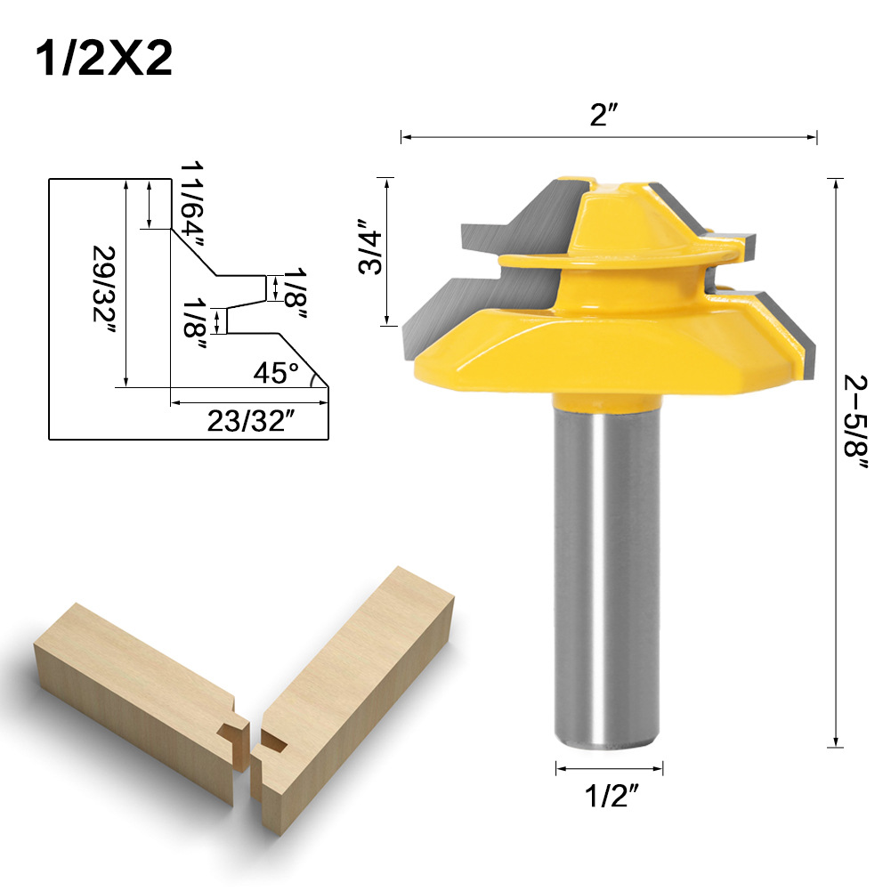 6 To1/2inch Shank 45 Degree Lock Miter Router Bit Woodworking Tenon Milling Cutter Tool Drilling Milling for Wood Carbide Alloy: 2-12.7mm