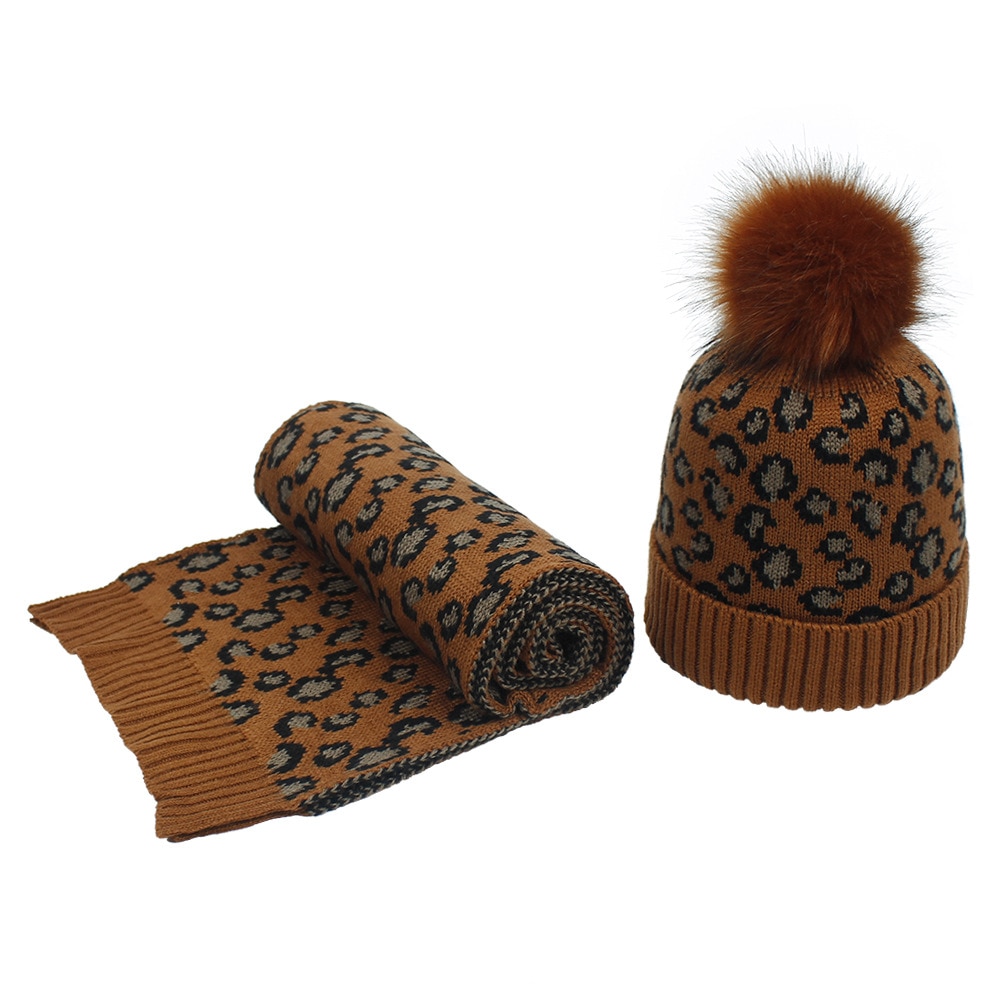 Leopard strik kvinder hat med et tørklæde kugle imiteret faux pels hatte tørklæder sæt vinter tilbehør til damer sjaal muts: 9