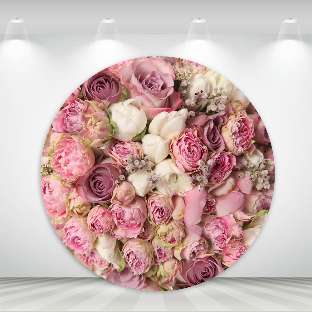Mocsicka Round Circle Photography Backdrop Table Cover Pink Flower Wall Rose Wedding Background Decoration for Photo Studio Prop