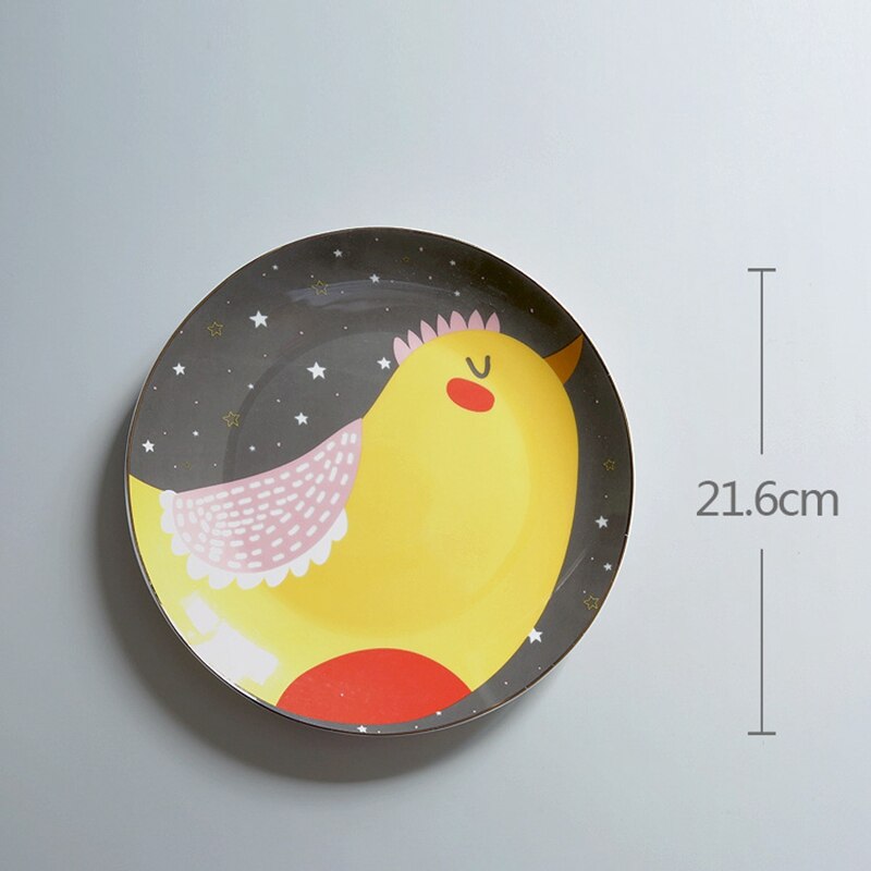 2pcs Ceramic Dinner Plate Cartoon Chicken Dinner Dishes Pasta Steak Dessert Plates Fine Bone China Kitchenware (21.6/18.2cm)