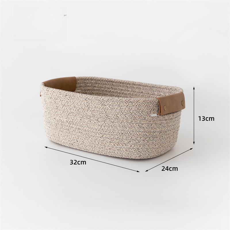 Katoenen touw geweven opbergmand en lederen verwerkingsbureau, opbergmand voor thuis, organisator voor speelgoed opvouwbare cosmetica diversen: Blauw