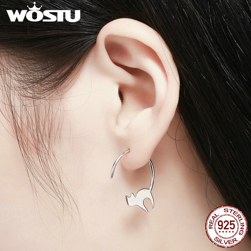 Wostu Pure 925 Sterling Zilver Asymmetrie Dier Loving Leuke Kat Haak Oorbellen Vrouwen Unieke S925 Sieraden Meisje CQE073