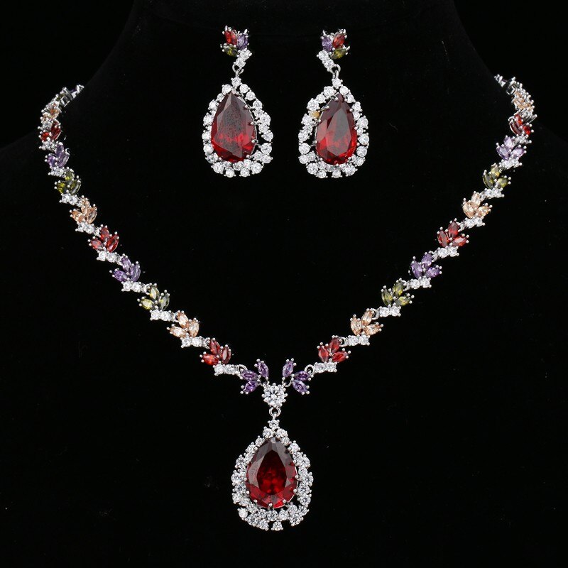 Amc Luxe Grote Rode Water Ketting En Oorbellen Set Zirkoon Bruids Bruiloft Banket Sieraden Accessoires Voor Vrouwen