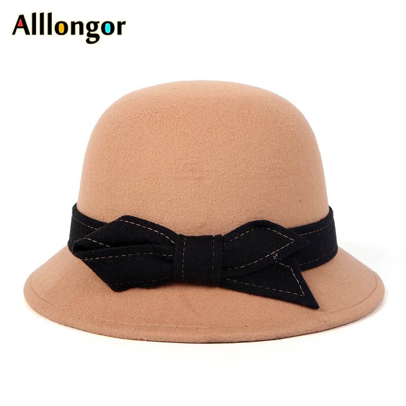 Efterår vinter derby hat kvinder sløjfe massiv grå sombrero mujer fedora hat damer formel vintage uld filt bowlerhat: Khaki