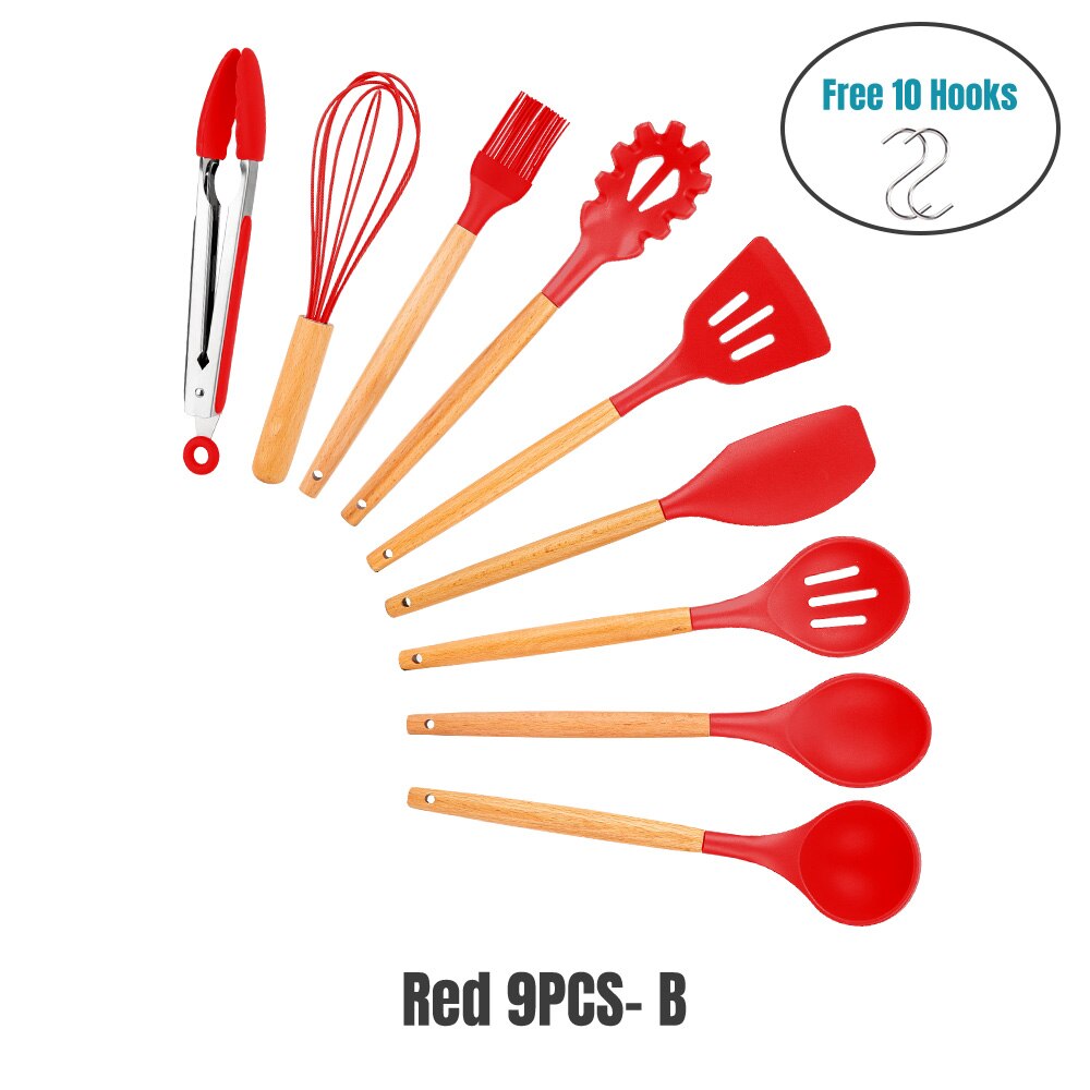 Silicone Cooking Utensils Set Kitchen Tools Cooking Sets Kitchen Utensils Silicone Kitchen Accessories Cooking Silicone Spatula: RED 9PCS-B