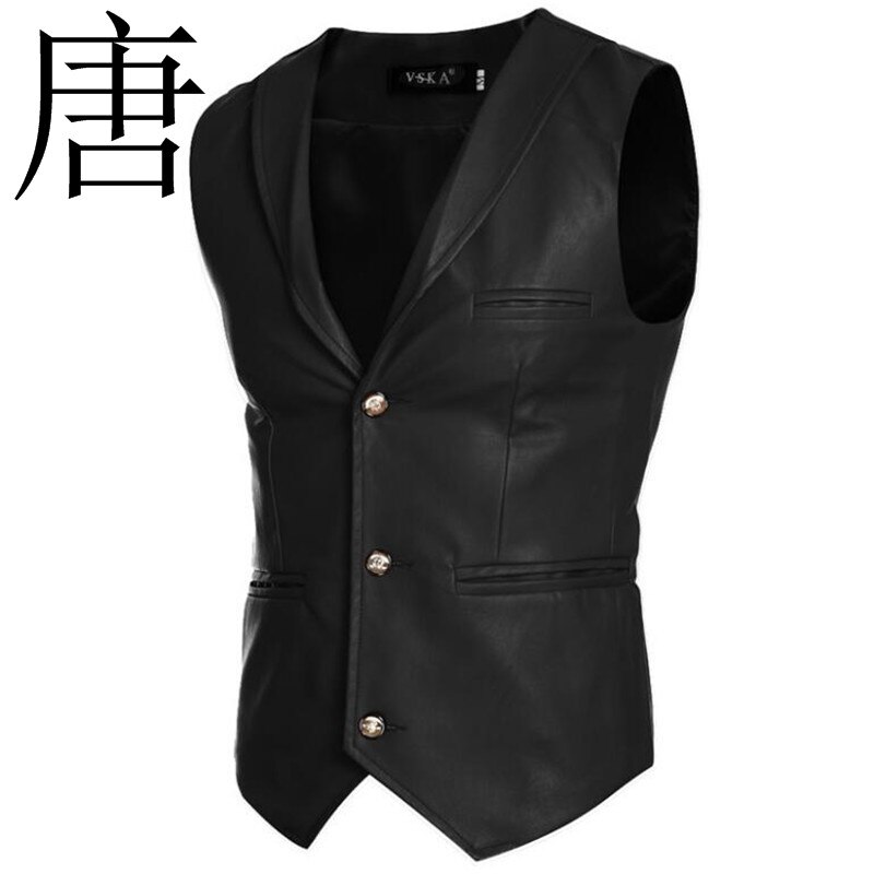 Tang kühlen Neue Faux Leder Jacke Westen Rot Weiß Schwarz Einreiher V Neck Herren Weste Slim Fit Ärmel mantel: Schwarz / L