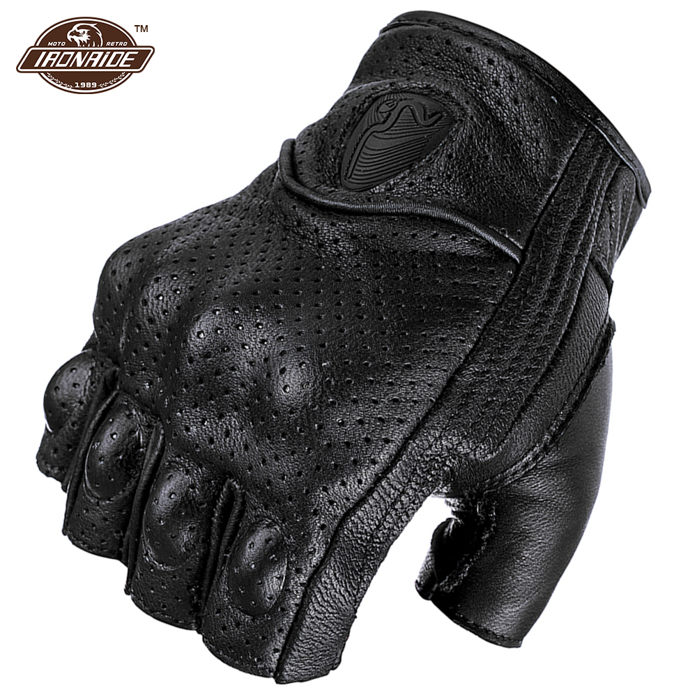 Breathable Fingerless Gloves Summer Motorcycle Gloves Sheepskin Motocross Gloves Retro Moto Motorbiker Guantes Moto