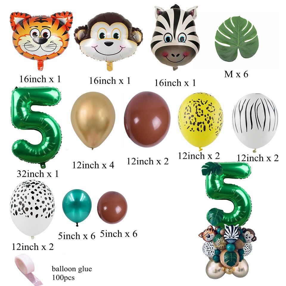 35 st djungel safari party ballonger set grön digital ballong för barn födelsedagsfest dekoration aniaml skog part leveranser: Nummer 5 uppsättning