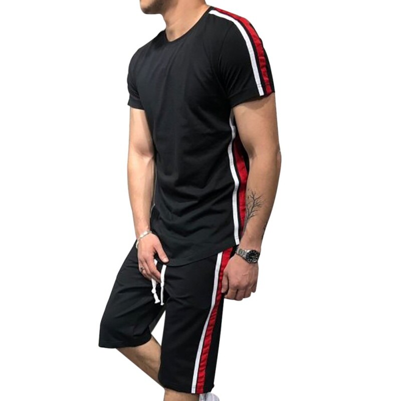 Mænds t-shirt korte ærmer stribe fold slim fit afslappet tee shirt t-shirt mænd ensfarvet t-shirt mænd: Sort / L