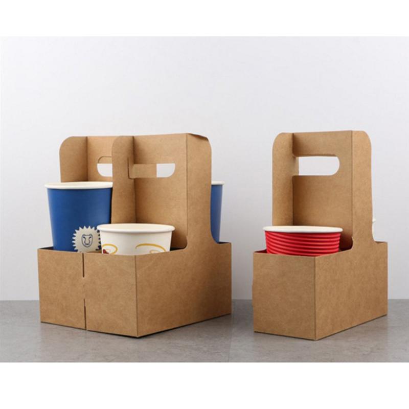 5PCS Disposable Kraft Drink Carrier Kraft Paper Cup Tray Cup Holder Coffee Drink Tray for Tea Drink Coffee
