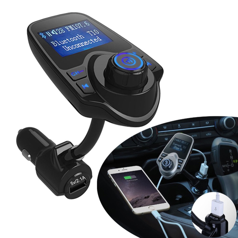 Pantalla LCD estéreo de coche a través de señal de radio FM Transmisor FM con Bluetooth cargador de coche para llamada manos libres micrófono incorporado