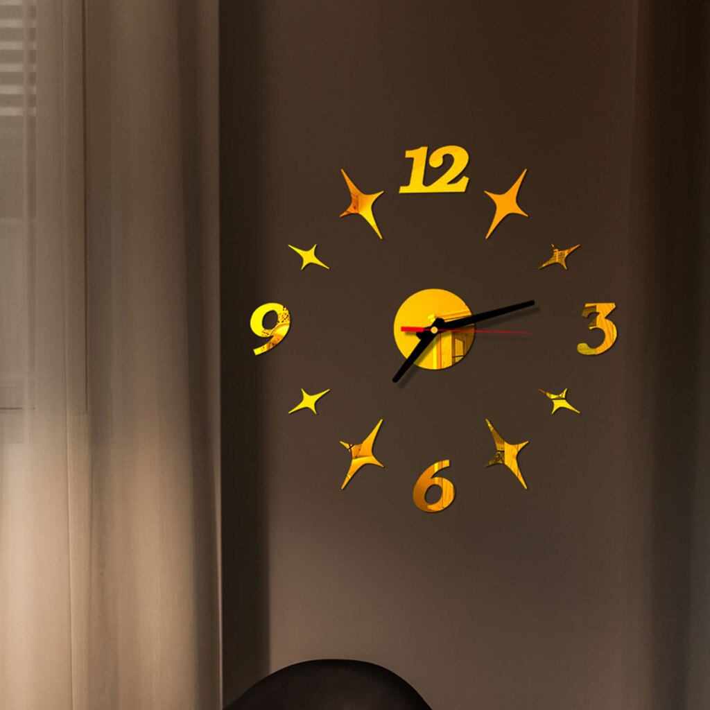 Diy wandklok met 3d spiegeloppervlakken, sticker voor thuiskantoordecoratie: Goud