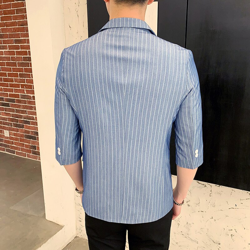 Sommarrandiga herrkavajer slim fit casual affärskostymjacka enkelknapps halvärm kavaj homme bröllopskostymkappa