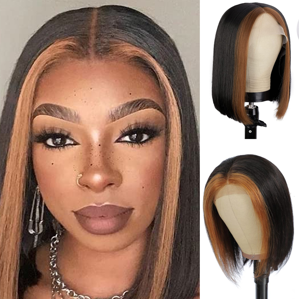 Highlights Bob Wigs Short Straight T Lace Front Wigs for Women Heat Resistant Middle Part Synthetic Hair Wig for Cosplay Daily