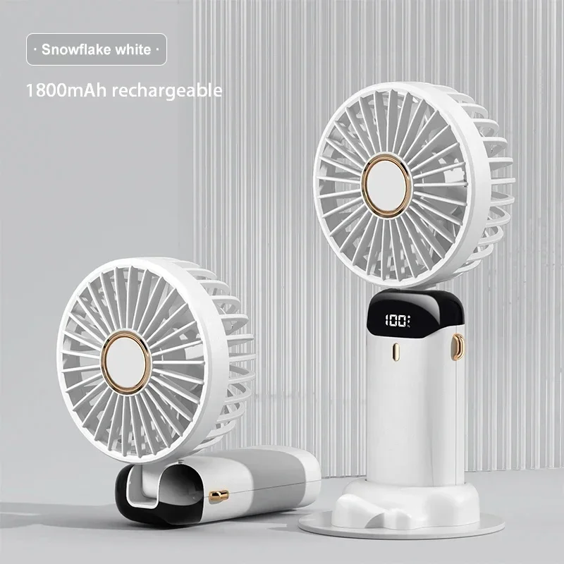 Mini ventilador portátil de mano, ventiladores plegables para colgar en el cuello, ventilador recargable por USB de 5 velocidades con soporte para teléfono y pantalla de visualización de 1800mAh: BLANCO