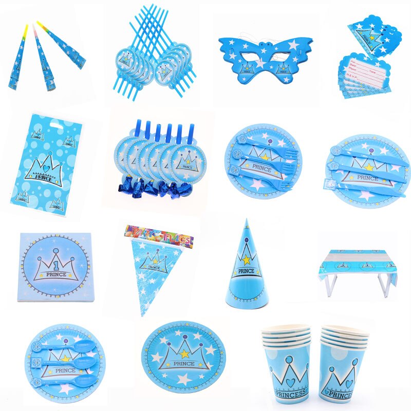 Bleu Prince couronne thème fête d'anniversaire assiettes tasses pailles mariage bébé douche décorations drapeau fournitures vaisselle jetable ensemble