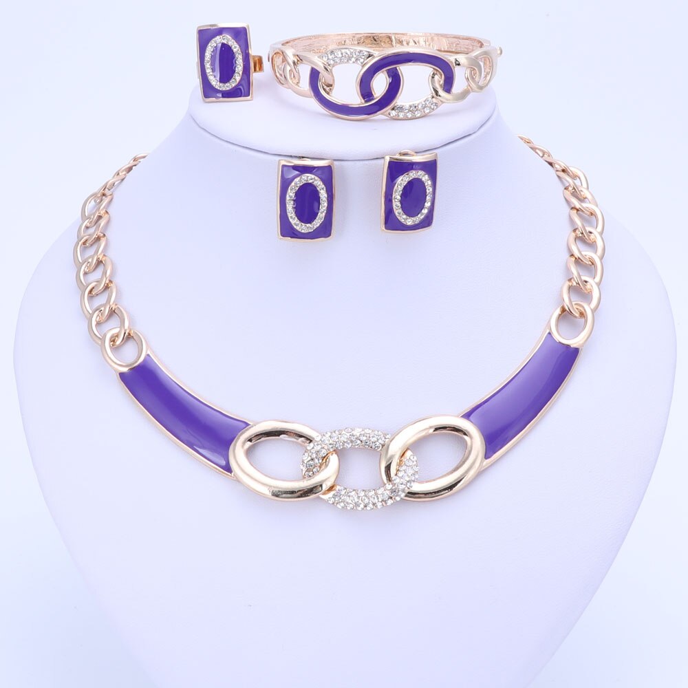 5Colors Jewelry Sets Necklace Ring Bracelet Earrings Wedding Gold Color For Women Crystal Maxi Dress Accessories