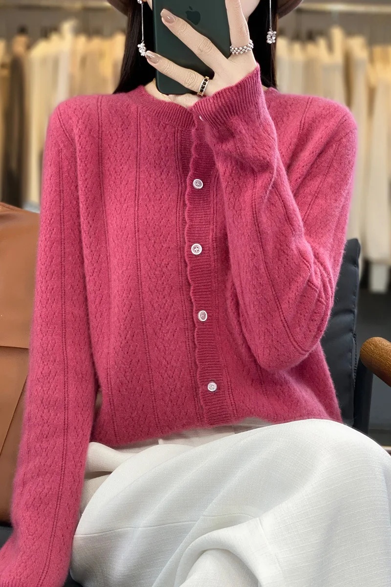 100% cárdigan abierto suelto de lana pura para mujer Otoño Invierno estilo ropa externa Top perezoso cuello redondo suéter de punto de manga larga: XL / Morado