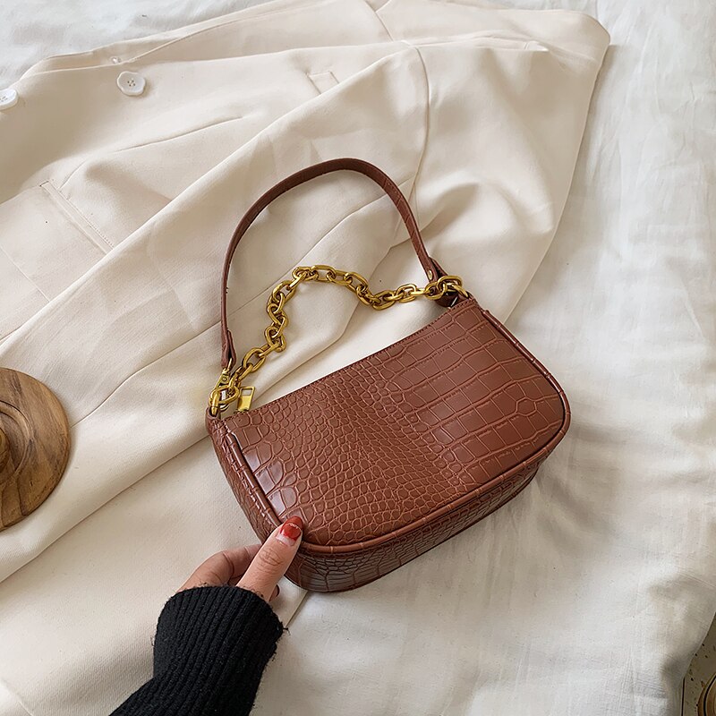 Crocodilo padrão corrente tote saco 2020 verão novo de alta qualidade couro do plutônio das mulheres designer bolsa viagem ombro saco axila: Brown