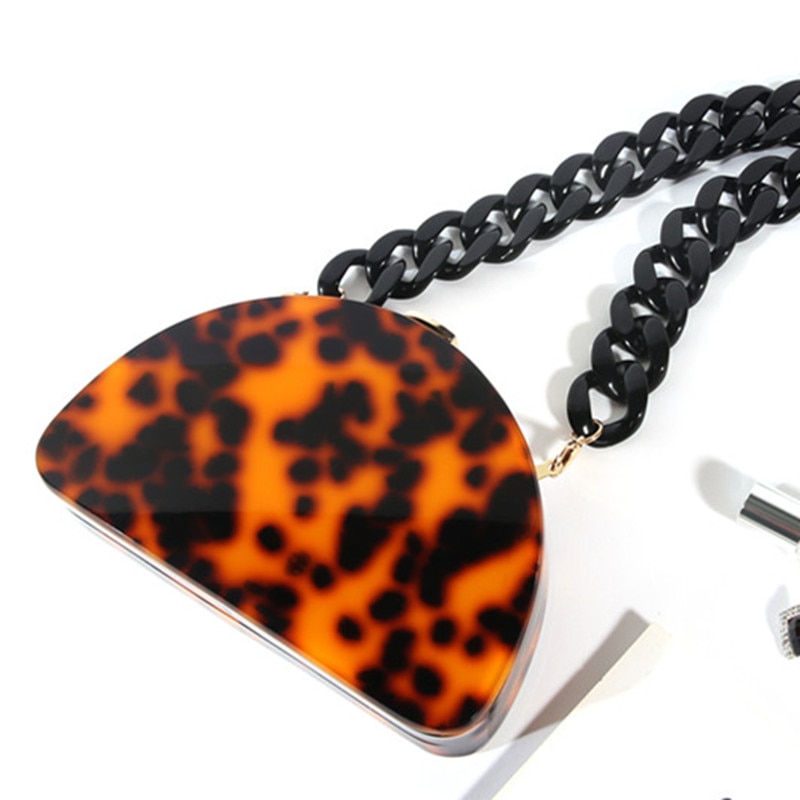 Leopard Dinner Handbag Acrylic Semicircle Amber Evening Bag Women Messenger Shoulder Bag Trendy Party Clutch Purse