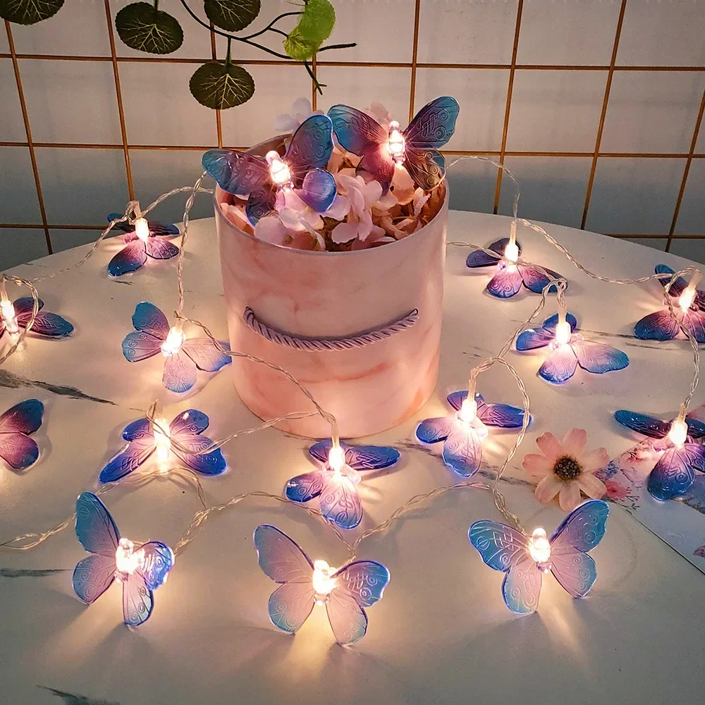 Guirnalda de luces LED de mariposa de 1M y 3M, luces de hadas alimentadas por batería, guirnalda para habitación, cortina para niñas, Navidad, cumpleaños, boda, , decoración del hogar: Azul / 6-10 W