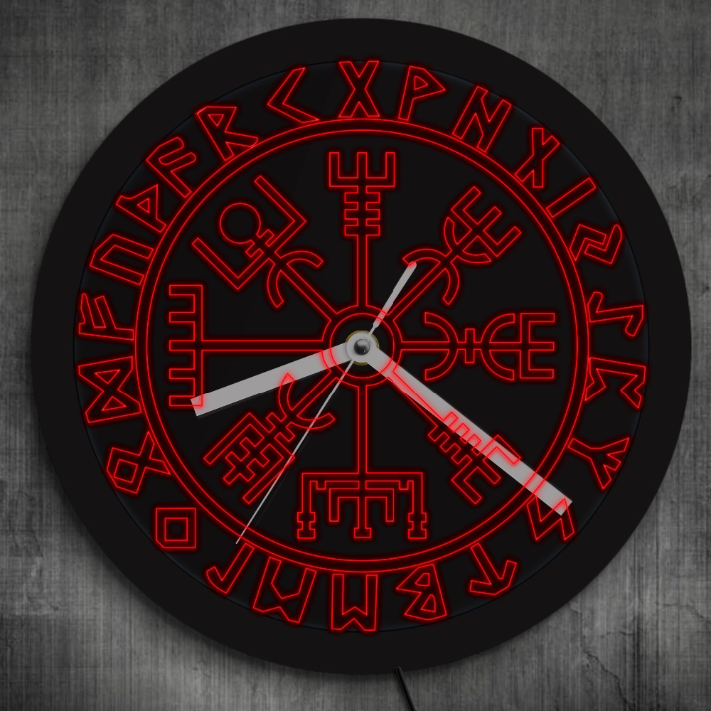 Wikinger Symbol Runen LED Wanduhr Jahrgang Neon- Uhren Farbwechsel Vegvisir Kompass Wikinger Skandinavischen glühen in dunkel