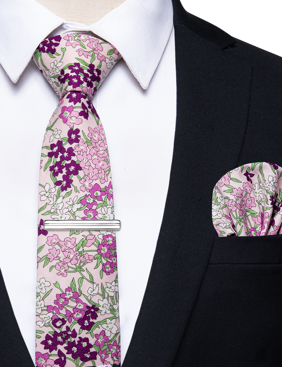 6.5cm uformelle slips med smale, blomstrete slips i bomull, lommetørkleklemmer, sett med herrebånd, fest og bryllupstilbehør: Elfenben