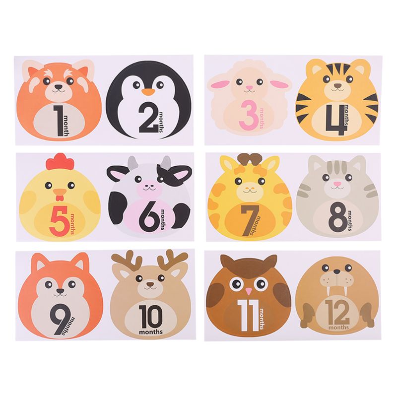 12 Pcs Animal First Year Monthly Milestone Photo Sharing Baby Belly Stickers 1-12 Months J2HD