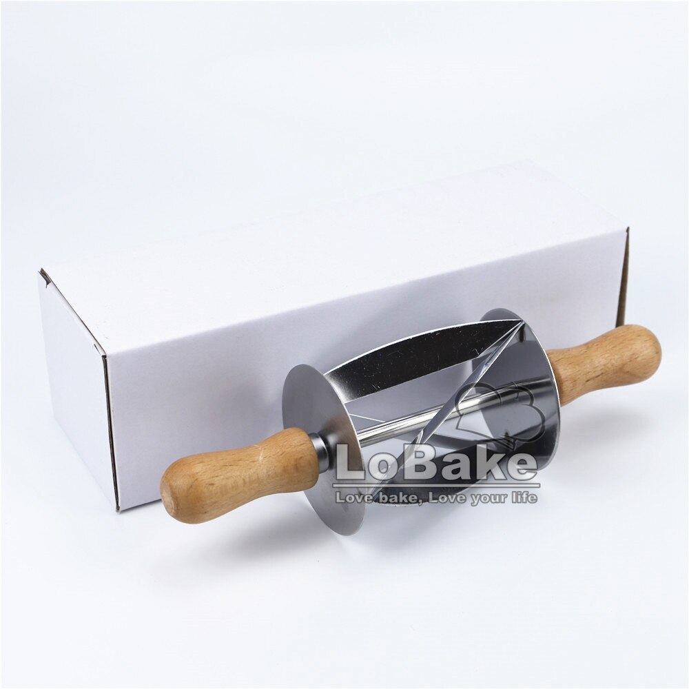 Mini 20cm long stainless steel croissant maker trigon round rolling knife dough cutter pizza roller wooden handle DIY baking