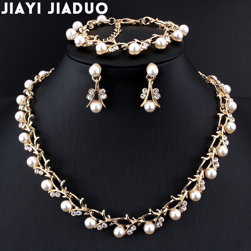 Jiayijiaduo Classic Imitatie Parel ketting Goud-kleur sieraden set voor vrouwen Clear Crystal Elegante Partij Kostuum