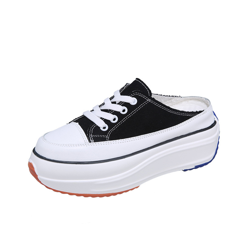 Summer half slippers Baotou without heel inside increase women's sneakers outdoor canvas walking shoes women ZZ-245: Black / 10