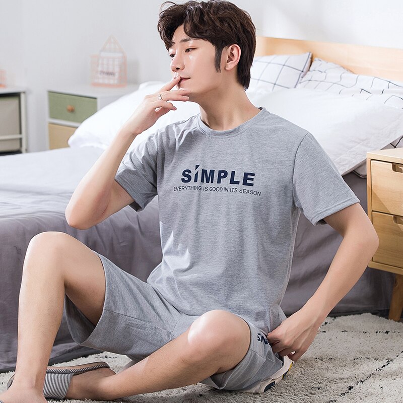 Yidanna Men Pajamas Set Knitted Cotton Nightwear Short Sleeved Sleepwear Summer Sleep Clothing Letters Nighties Nightdress Suit