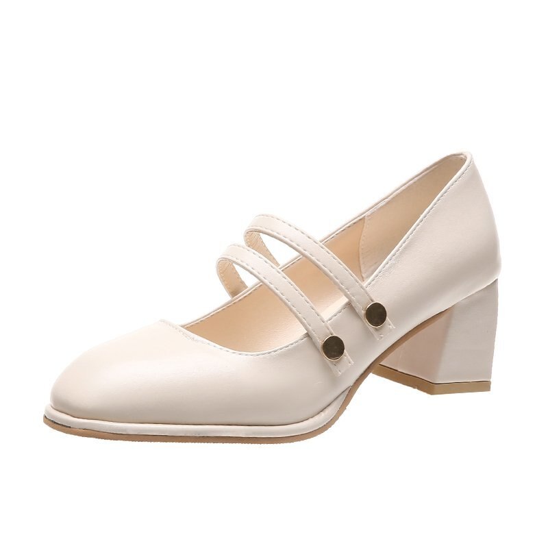 Women Mary Janes Shoes Square Toe Pumps Square Heeled Dress Shoes Double Band High Heels Big Size 41 42 Zapatos mujer 8835C: Beige / 37