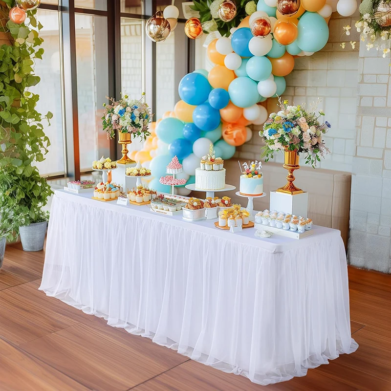 White Tulle Table Skirt Rectangle/Round Tables Ruffle Semi Sheer Tablecloths for Wedding Bridal Shower Birthday Party Decoration