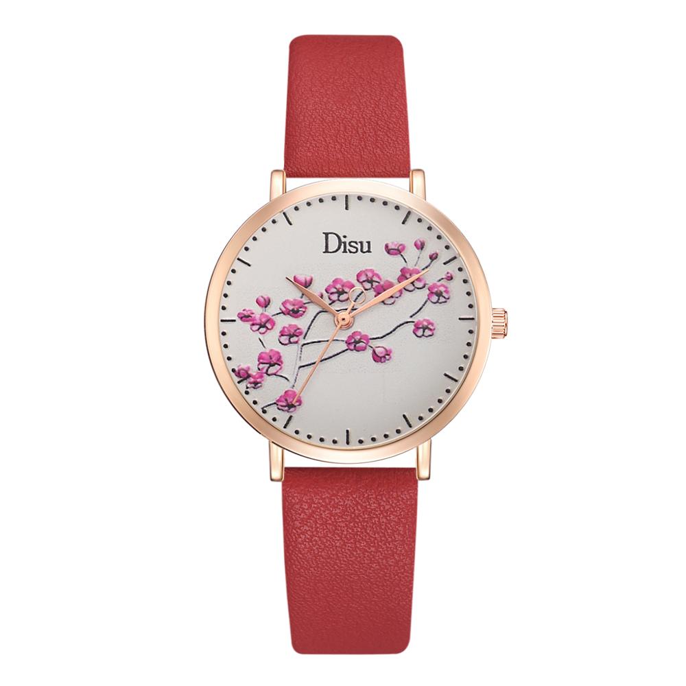 Blomster urskive ure kvinder læder dame kjole personlighed romantisk quartz armbåndsur afslappet sports ur reloj mujer: Rød