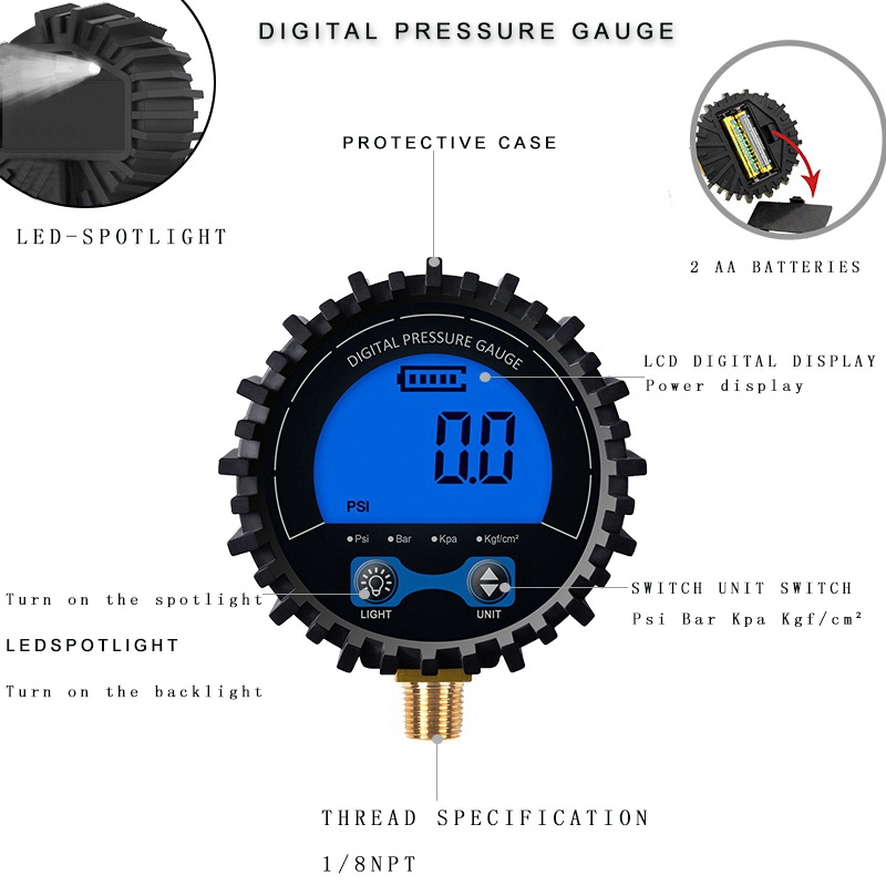 Bandenspanningsmeter Digitale Bandenspanner Display Luchtdruk Manometer Snel Aansluiten Koppeling Draad 1/8
