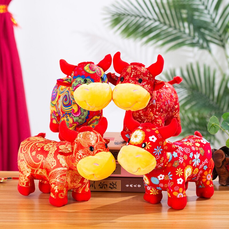 25cm Year Chinese Zodiac Ox Cattle Plush Toys Cute Red Cow Plush Doll