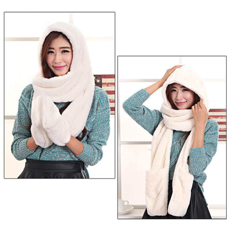 3 in 1 Women Warm Hood Scarf Snood Pocket Gloves Hat Comfortable Warm for Winter Outdoor Sets-B5: White