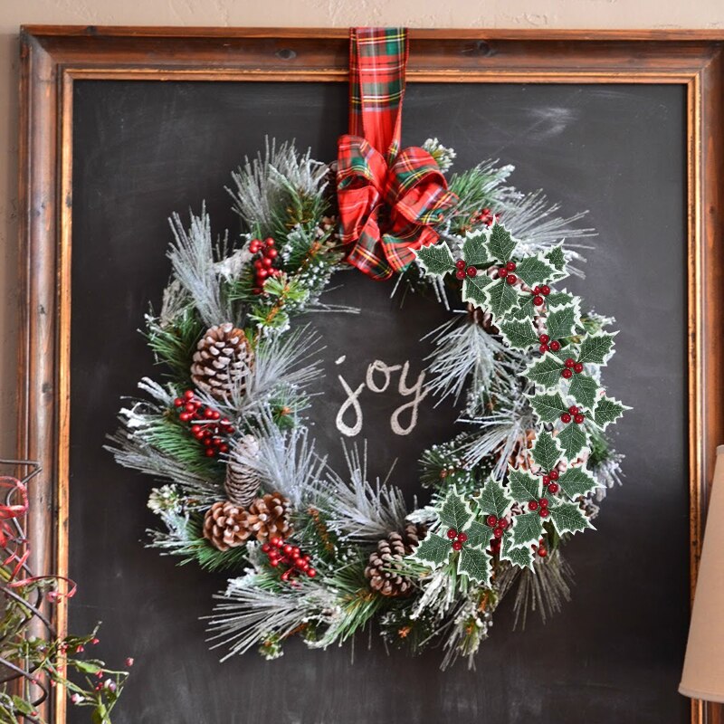 5/10Pcs Green Holly Leaf Leaves and Red Holly Berry Gold Cherry for Wedding Party Home Party Decoration DIY Christmas Wreath Dec