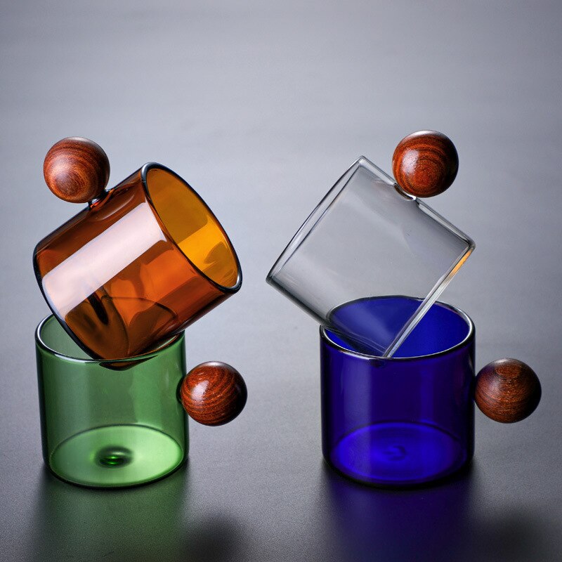 120ml Stained Glass Coffee Cup Water Cup Glass Tea Cup Milk Cup Round Ball Wooden Handle