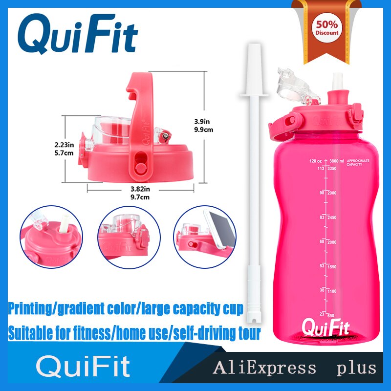QuiFit water bottle 3.8L bouncing lid gallon water bottle cuptime stamp trigger no BPA, sports phone holder fitness water bottle: pink