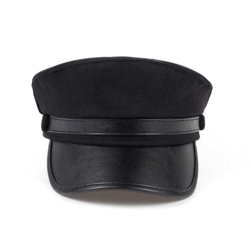 Boina de lana con vosor para hombre y mujer, gorro cálido de cuero azul marino para viajes al aire libre, invierno,