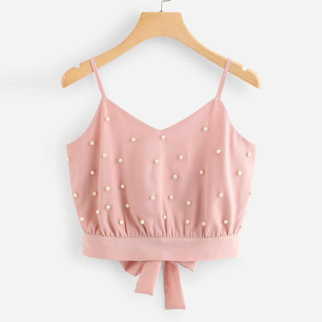 Camiseta sin mangas con cuentas de perlas para mujer, chaleco con correa de pajarita, Tops de gasa, camisetas lisas con cuentas de perlas: XXL