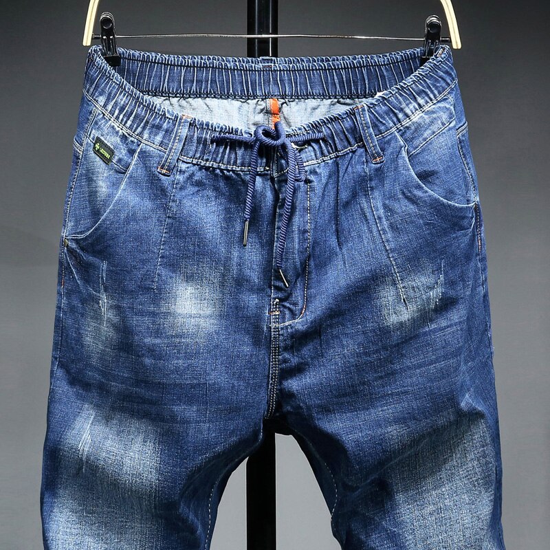 Plus size 6XL Elastic waist Ankle pants men's jeans summer stretch Loose Navy blue Leisure straight large size mid-rise jeans