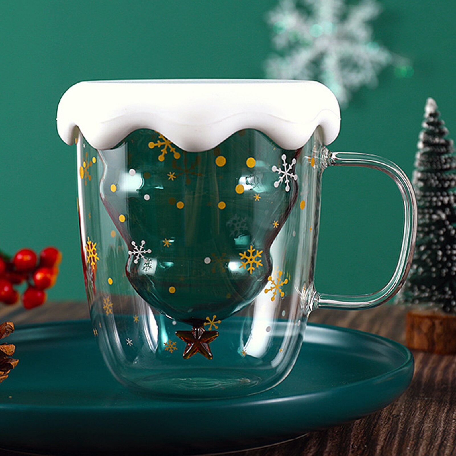 Forma da árvore de natal parede dupla isolamento térmico floco de neve café copo de leite caneca presente com tampa