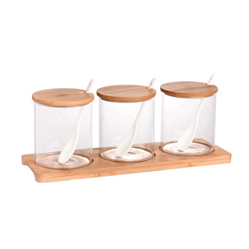 3 Stks/set Glas Kruidkruik Met Lepel Spice Container Organizer Kruiden Blikjes Peper Shaker Opbergdoos Met Lade Keuken: Default Title