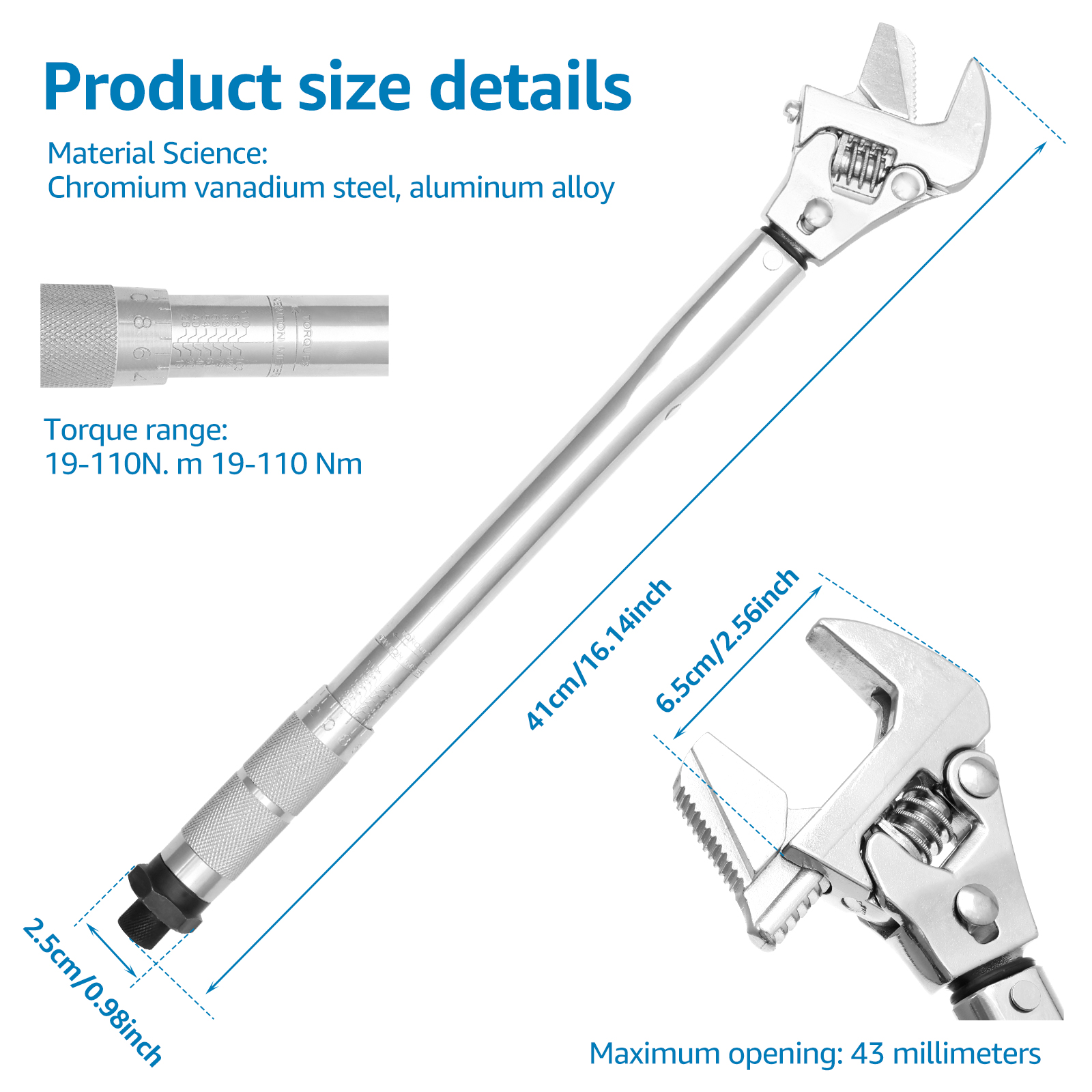 Adjustable Torque Wrench 19 to 110 Nm 43mm Open End Torque Spanner 4in1 Torque Wrench Repair Tool Aluminium Alloy Torque Wrench