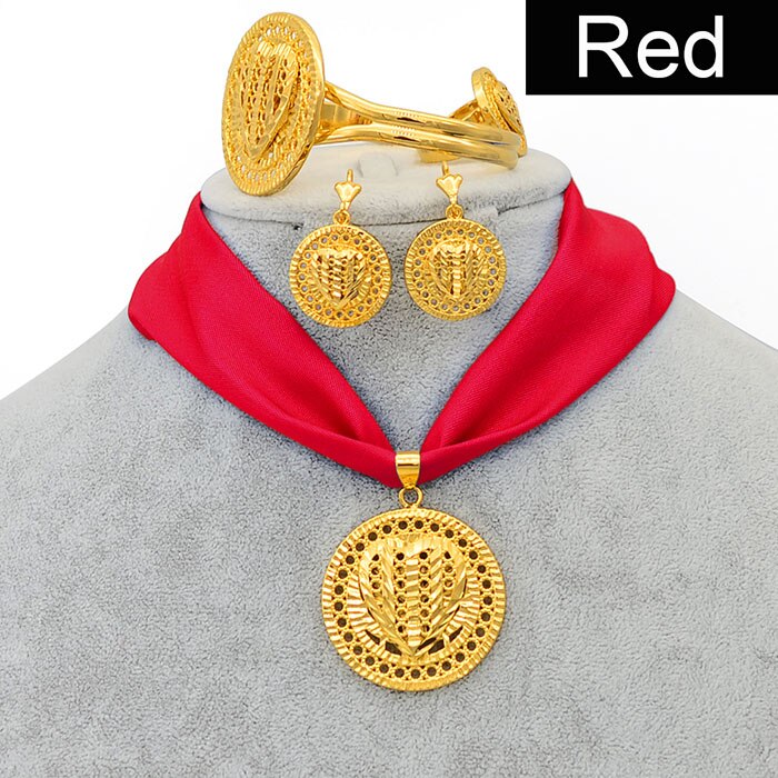 Anniyo DIY Rope Chain Ethiopian Jewelry set Ethnic Style Gold Color Heart Eritrea Habesha Pendant Earrings Ring Bangle #229006: Red