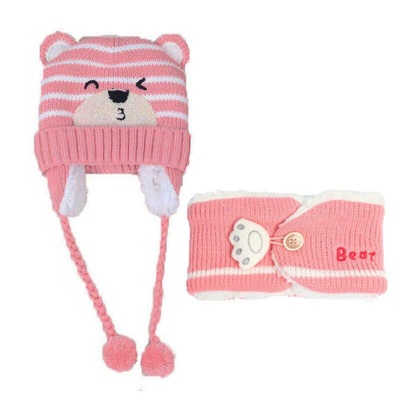 Gorro de invierno para niña, conjunto de bufandas para niños, niños, dibujos animados, oso, rayas, gorro de punto, gorro y bufandas con botón, traje cálido: Pink